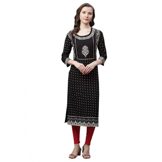 Rayon Printed Straight Kurti (Black, Rayon)