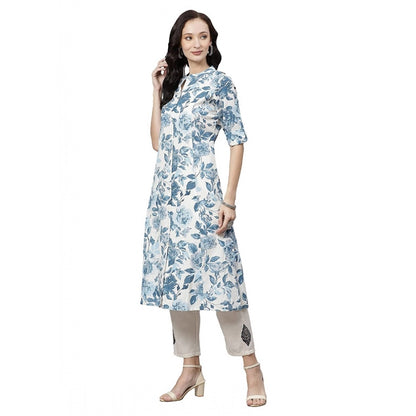 Cotton Printed Floral Print Kurti (White, Blue, Cotton)