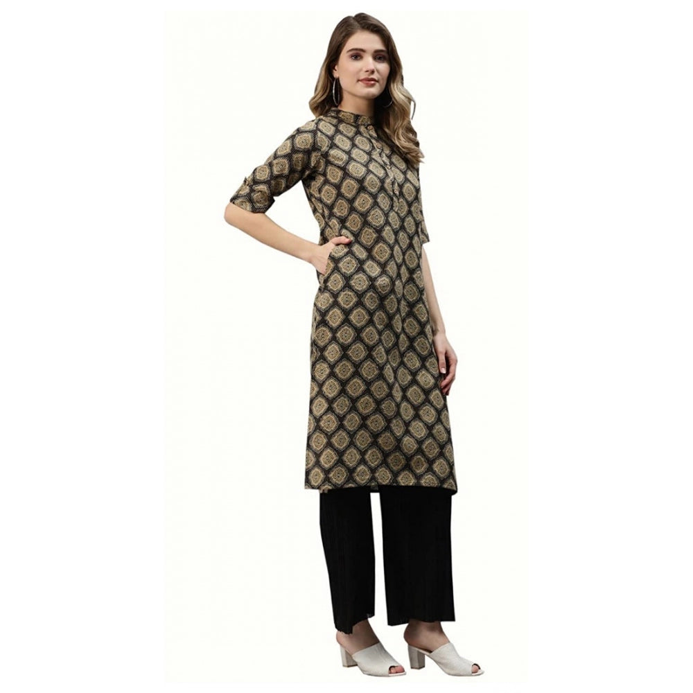 Cotton Printed Straight Fit Kurti (Black, Cotton)