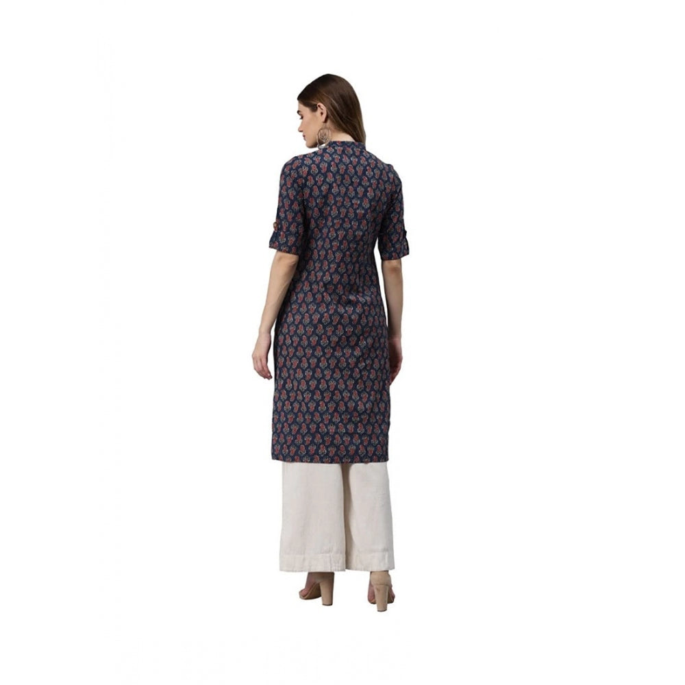 Cotton Printed Straight Kurti (Navy Blue, Cotton)