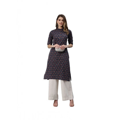 Cotton Printed Straight Kurti (Navy Blue, Cotton)