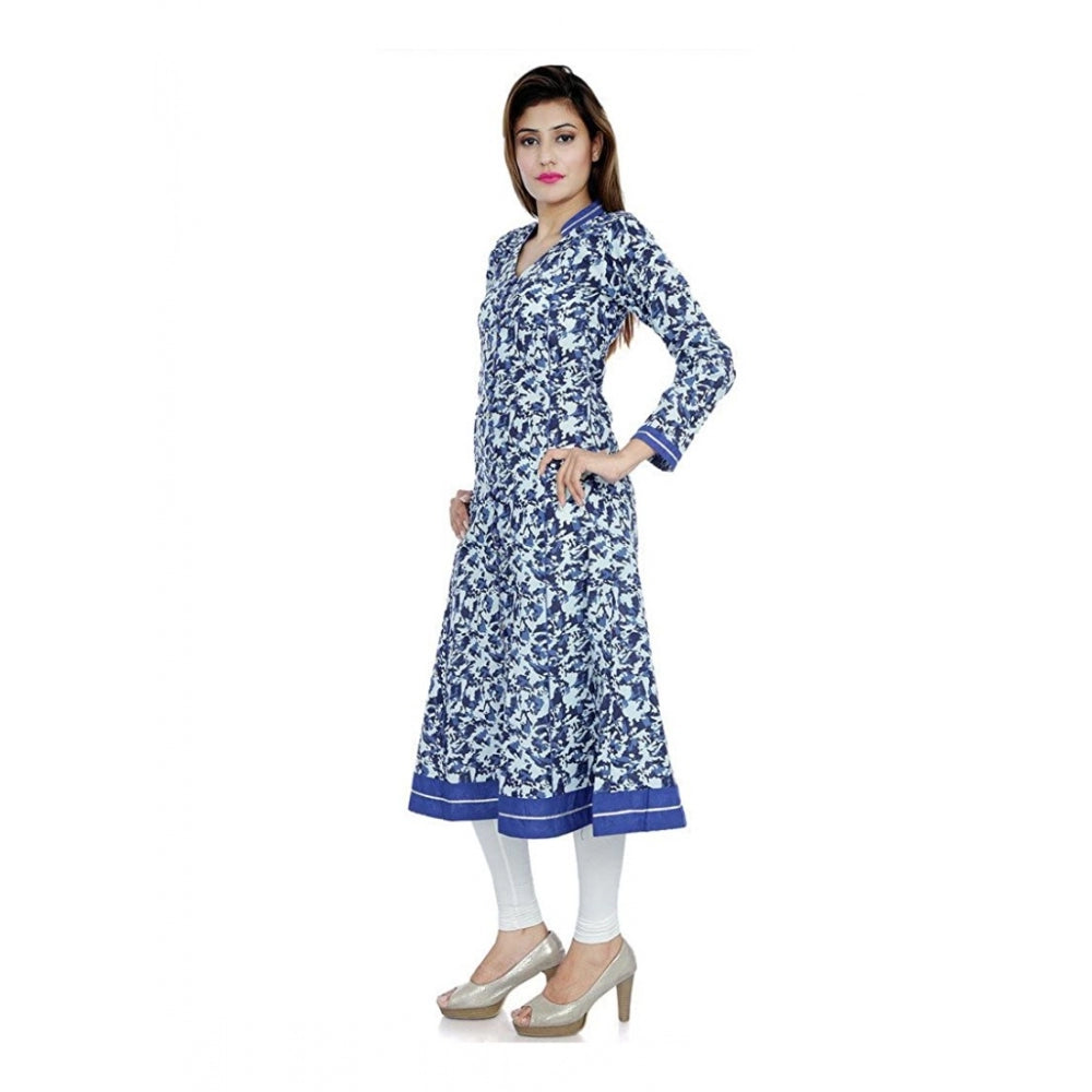 Cotton Printed Long Kurti (White, Blue, Cotton)