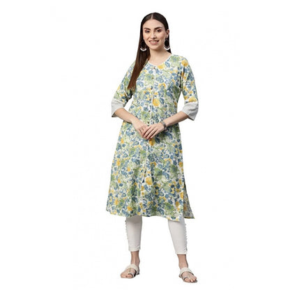 Cotton Printed  Straight Kurti (White, Green, Cotton)