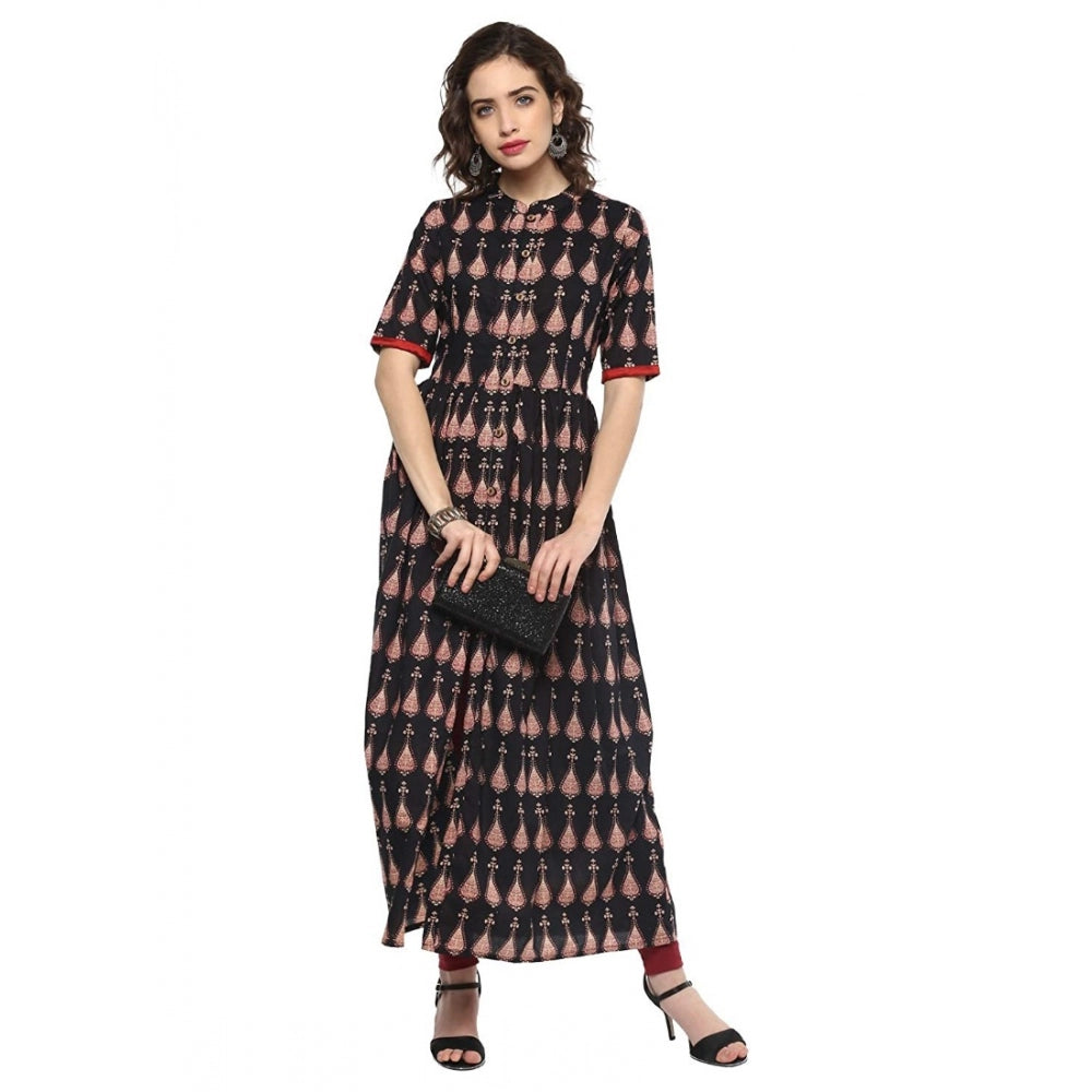 Cotton Printed Front Slit Kurti (Black, Cotton)