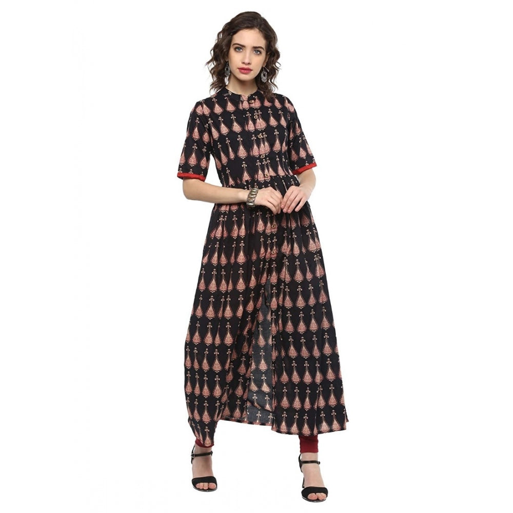 Cotton Printed Front Slit Kurti (Black, Cotton)