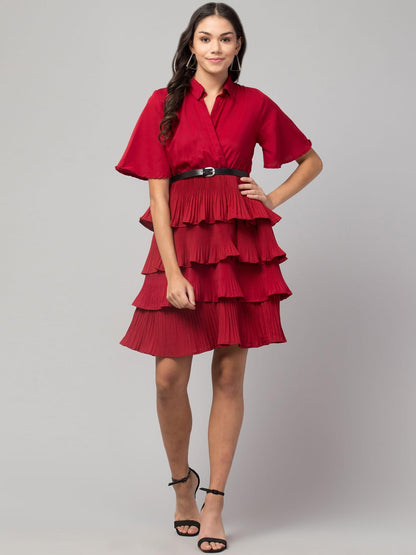 Crepe Solid Shirt Collar Flared Red Short Dress