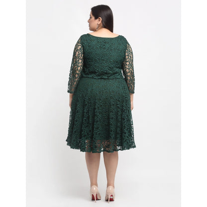 Net Solid Knee Length Fit and Flare Dress (Botal Green)