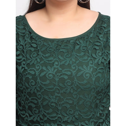 Net Solid Knee Length Fit and Flare Dress (Botal Green)