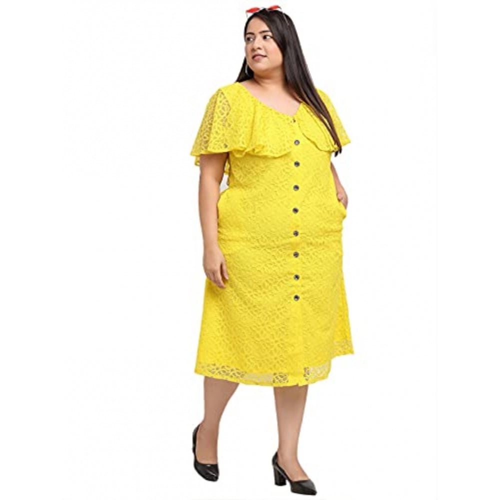 Net Solid Knee Length Fit and Flare Dress (Yellow)