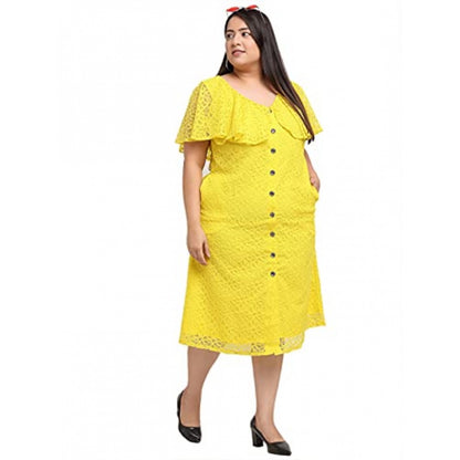 Net Solid Knee Length Fit and Flare Dress (Yellow)