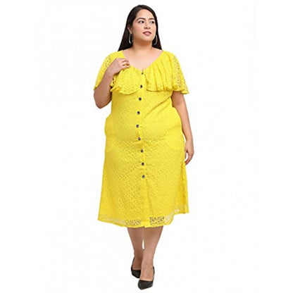 Net Solid Knee Length Fit and Flare Dress (Yellow)