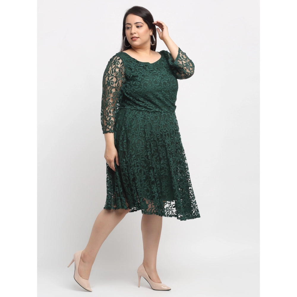 Net Solid Knee Length Fit and Flare Dress (Botal Green)