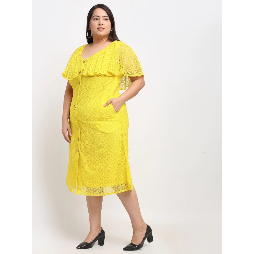 Net Solid Knee Length Fit and Flare Dress (Yellow)