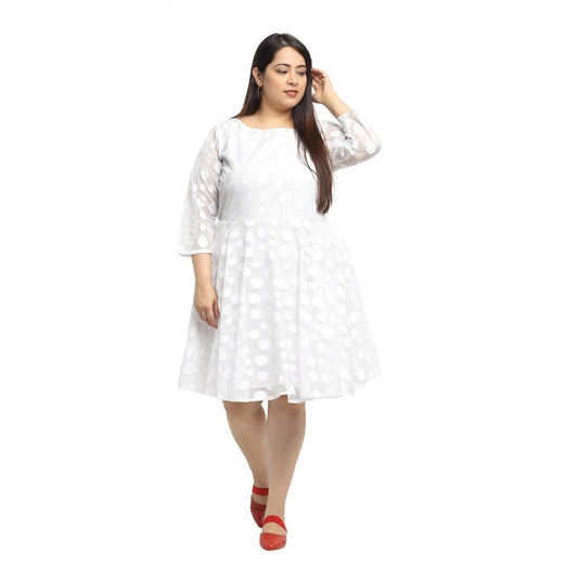 Net Solid Knee Length Fit and Flare Dress (White)