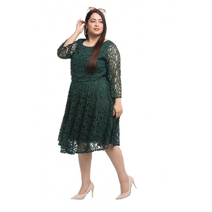 Net Solid Knee Length Fit and Flare Dress (Botal Green)