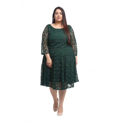 Net Solid Knee Length Fit and Flare Dress (Botal Green)