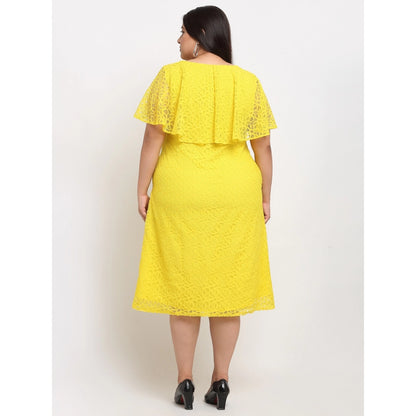 Net Solid Knee Length Fit and Flare Dress (Yellow)