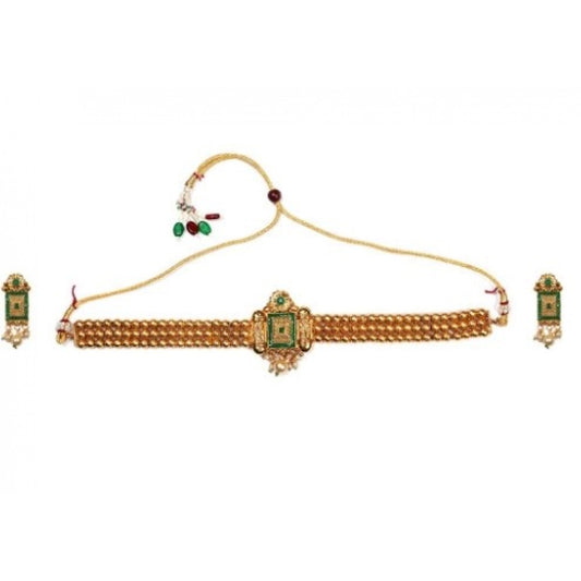 Elegent And  Modern Gold Plated Chowker Set (Green, Free Size)