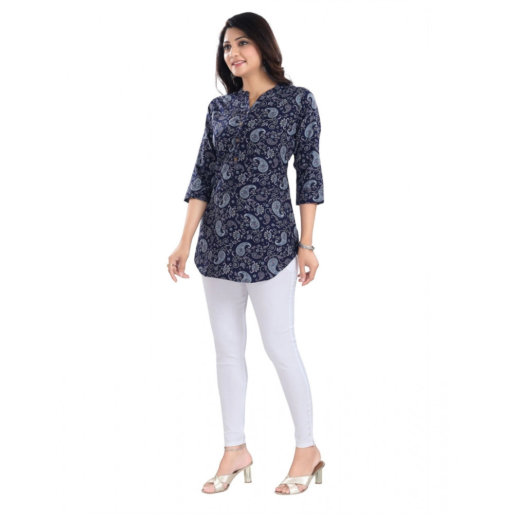 3/4th Sleeve Polyester Tunic Short Top (Blue)