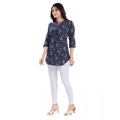 3/4th Sleeve Polyester Tunic Short Top (Blue)