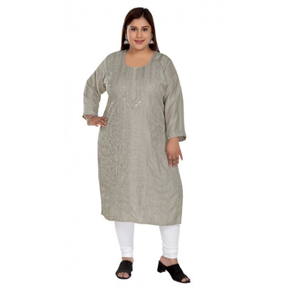 Women's Casual 3/4th Sleeve Imported Fabric Self Embroidered Straight Kurti With Lining (Grey)