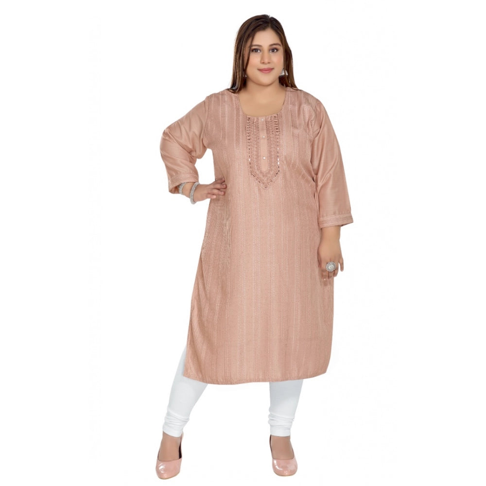 Casual 3/4th Sleeve Imported Fabric Self Embroidered Straight Kurti With Lining (Corel Pink)