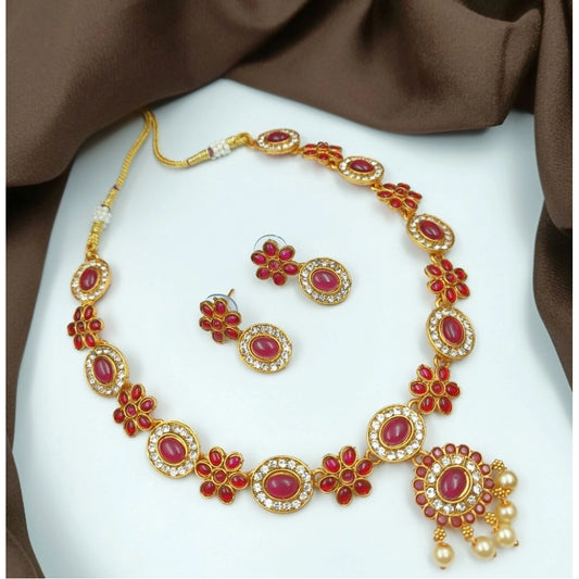 Gold Plated Traditional Necklace and Earrings Set (Red, Free Size)