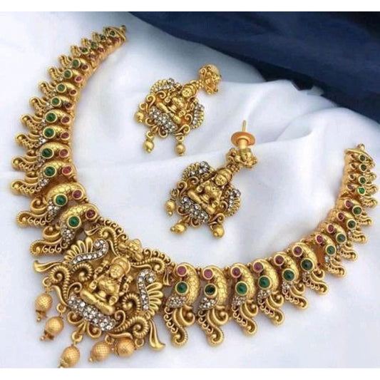 Gold Plated Traditional Necklace and Earrings Set (Multi Color, Free Size)