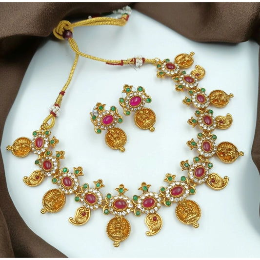 Gold Plated Traditional Necklace and Earrings Set (Multi Color, Free Size)