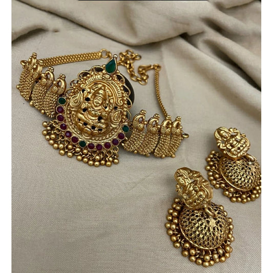 Traditional Temple Necklace and Earrings Set in Gold (Multi Color, Free Size)