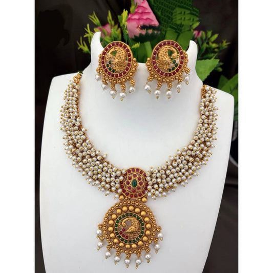 Gold Plated Temple Necklace and Earrings Set (White, Free Size)