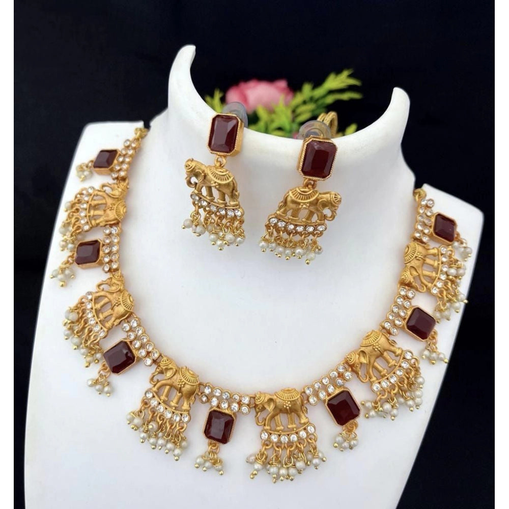 Gold Plated Temple Necklace and Earrings Set (Red, Free Size)