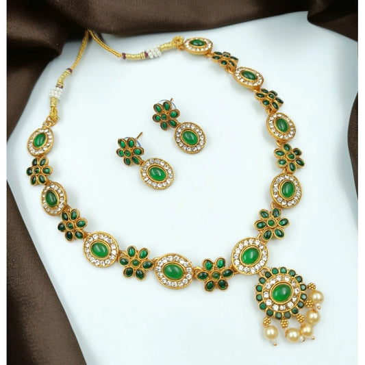 Temple Elegance Gold Plated Necklace and Earrings Set (Green, Free Size)