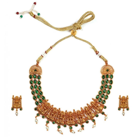 Temple Necklace and Earrings Set in Gold Plating (Green, Free Size)