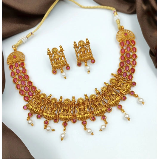 Gold Plated Necklace and Earrings Set (Red, Free Size)