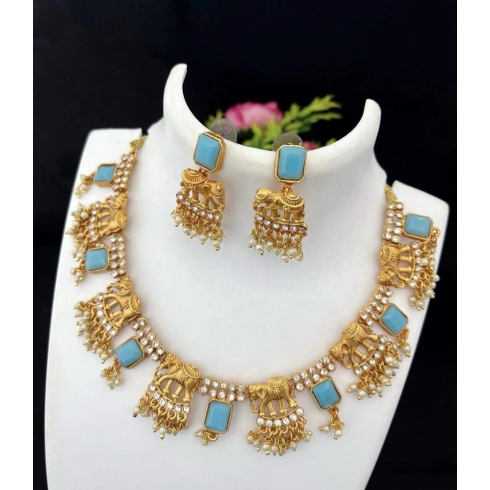 Gold Plated Necklace and Earrings Set with Mang Tikka (Blue, Free Size)