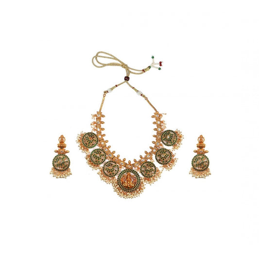 Goddess Glamour Gold Plated Temple Necklace and Jhumka Set (Green, Free Size)