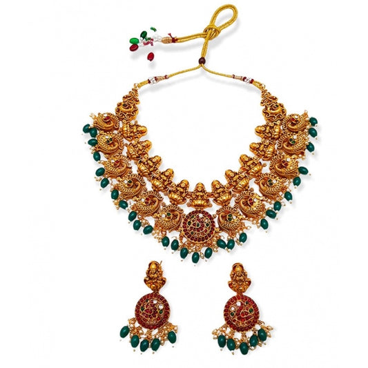 Gold Plated Temple Necklace and Earrings Set (Green, Free Size)