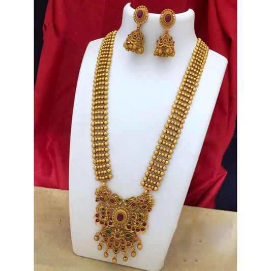 Gold Plated Necklace and Earrings Set with Kundan Work (Multi Color, Free Size)