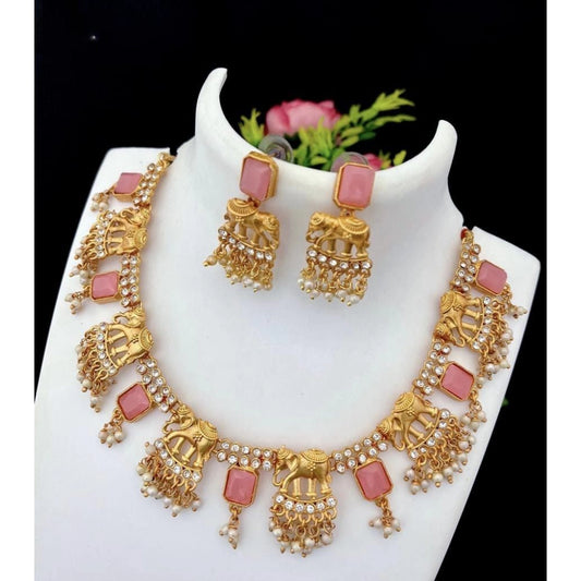 Gold Plated Temple Necklace and Necklace and Earrings Set (Pink, Free Size)