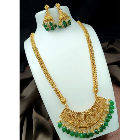 Gold Plated Temple Necklace and Earrings Set (Green, Free Size)