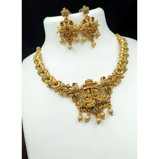 Gold Plated Temple Necklace and Earrings Set (Multi Color, Free Size)