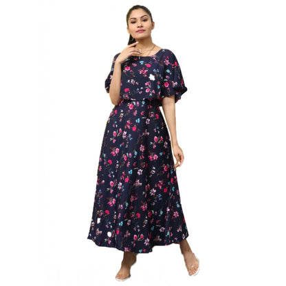 Crepe Floral Half Sleeves Full Length Gown(Dark Blue)