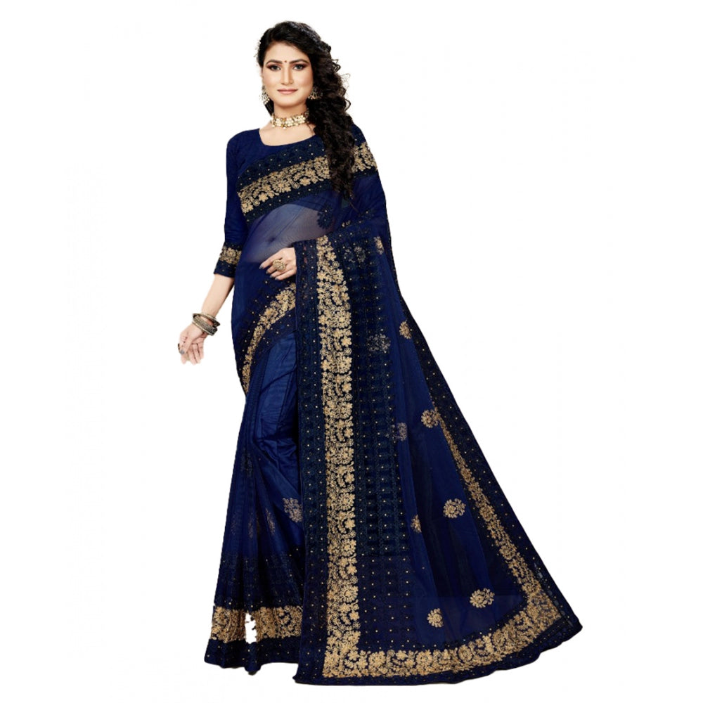 Net Saree With Blouse (Navy Blue, 5-6Mtrs)