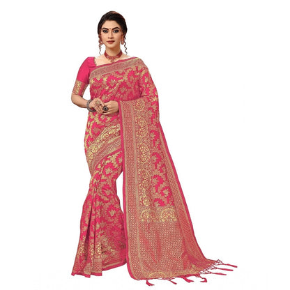 Damask Pattern Jacquard Woven Banarasi Art Silk Saree With Unstitched Blouse Piece (Pink, 5-6mtrs)