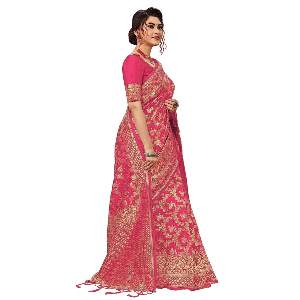 Damask Pattern Jacquard Woven Banarasi Art Silk Saree With Unstitched Blouse Piece (Pink, 5-6mtrs)