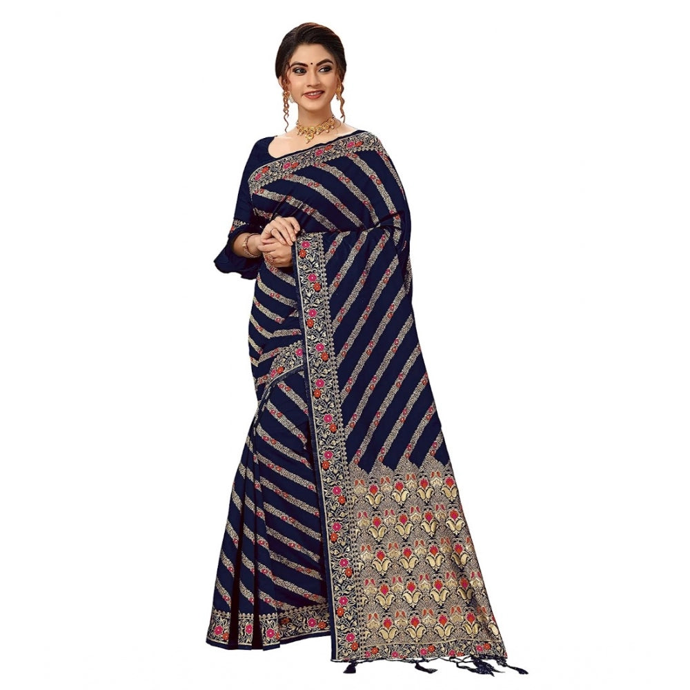 Floral Striped Pattern Jacquard Woven Banarasi Art Silk Saree With Unstitched Blouse Piece (Blue, 5-6mtrs)