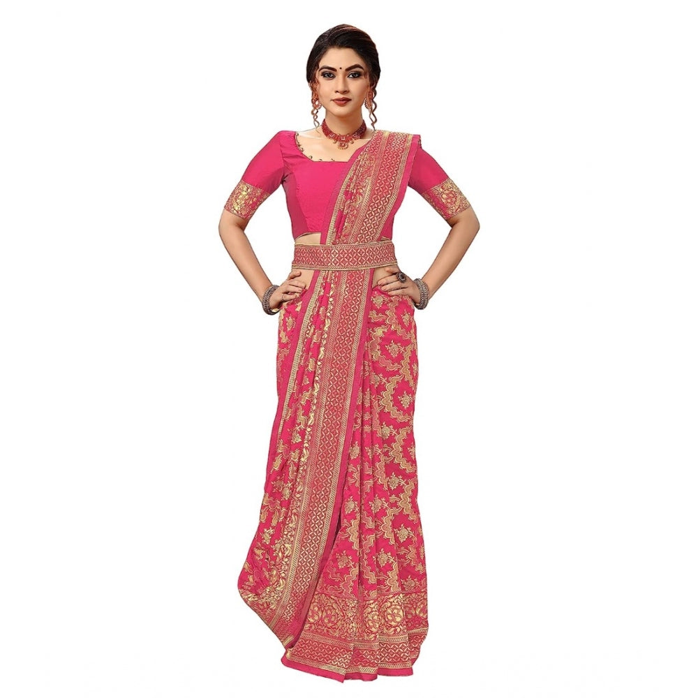 Damask Pattern Jacquard Woven Banarasi Art Silk Saree With Unstitched Blouse Piece (Pink, 5-6mtrs)