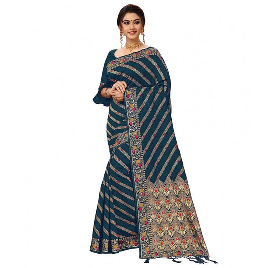 Floral Striped Pattern Jacquard Woven Banarasi Art Silk Saree With Unstitched Blouse Piece (Teal Blue, 5-6mtrs)