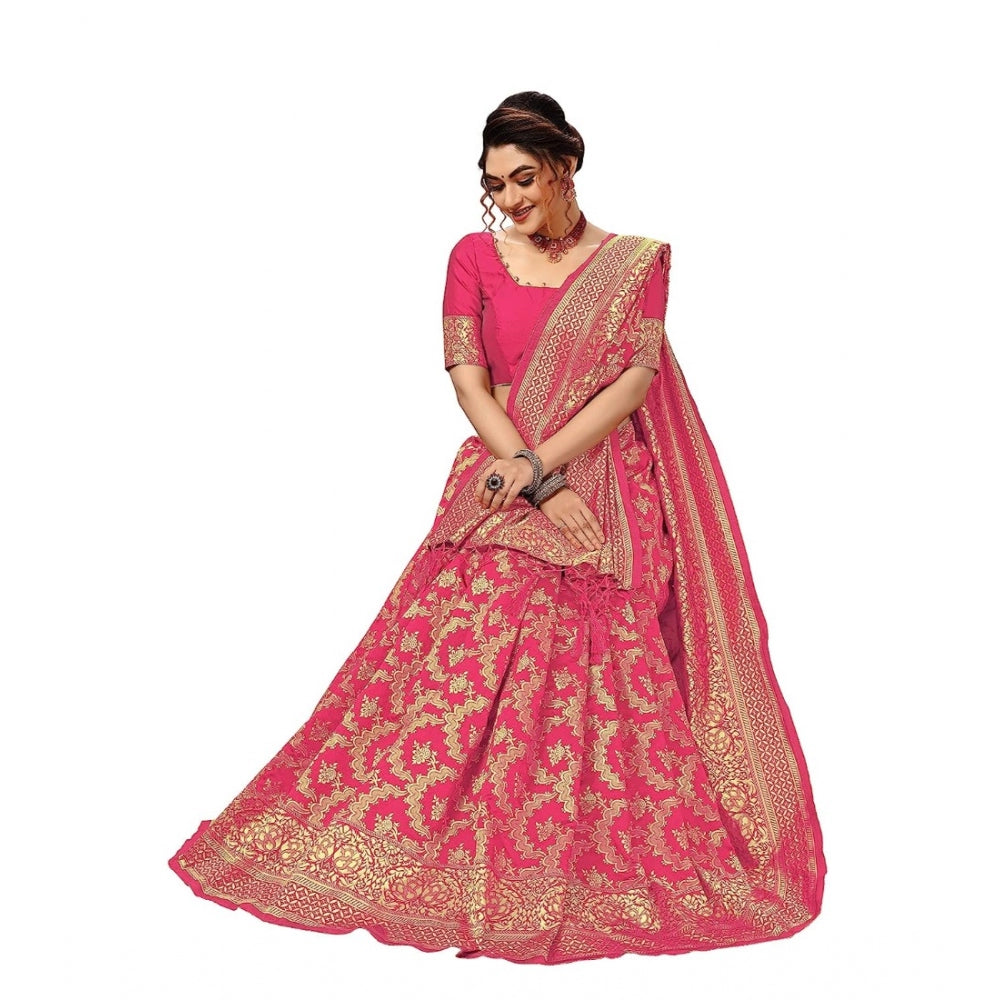 Damask Pattern Jacquard Woven Banarasi Art Silk Saree With Unstitched Blouse Piece (Pink, 5-6mtrs)